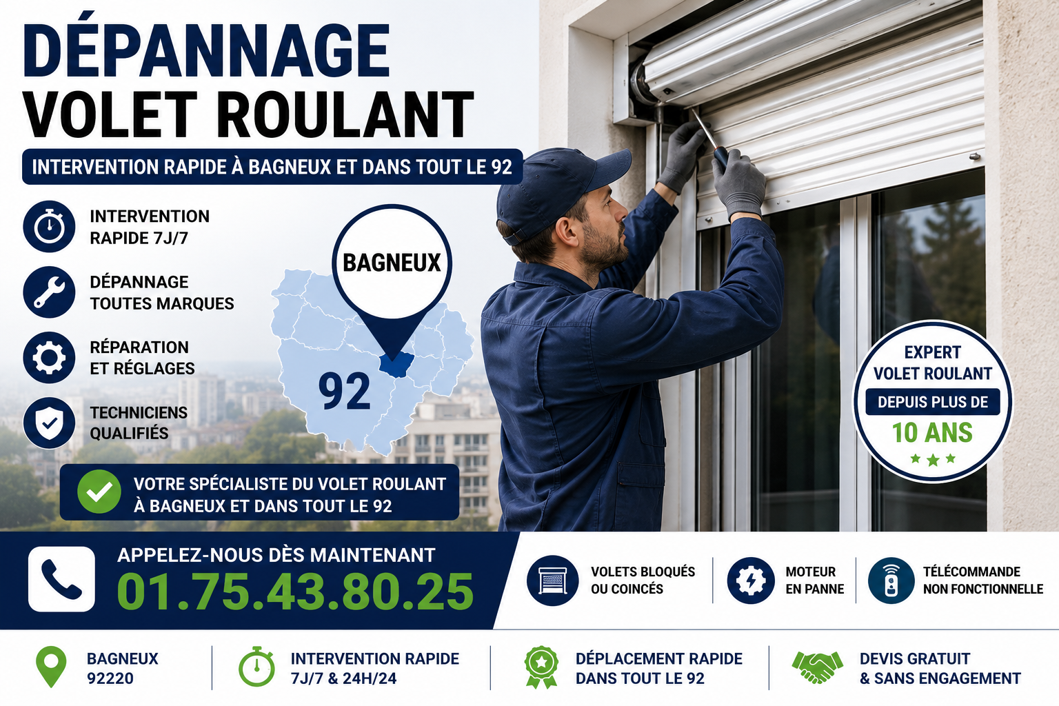 Depannage volet roulant Bagneux intervention rapide 92